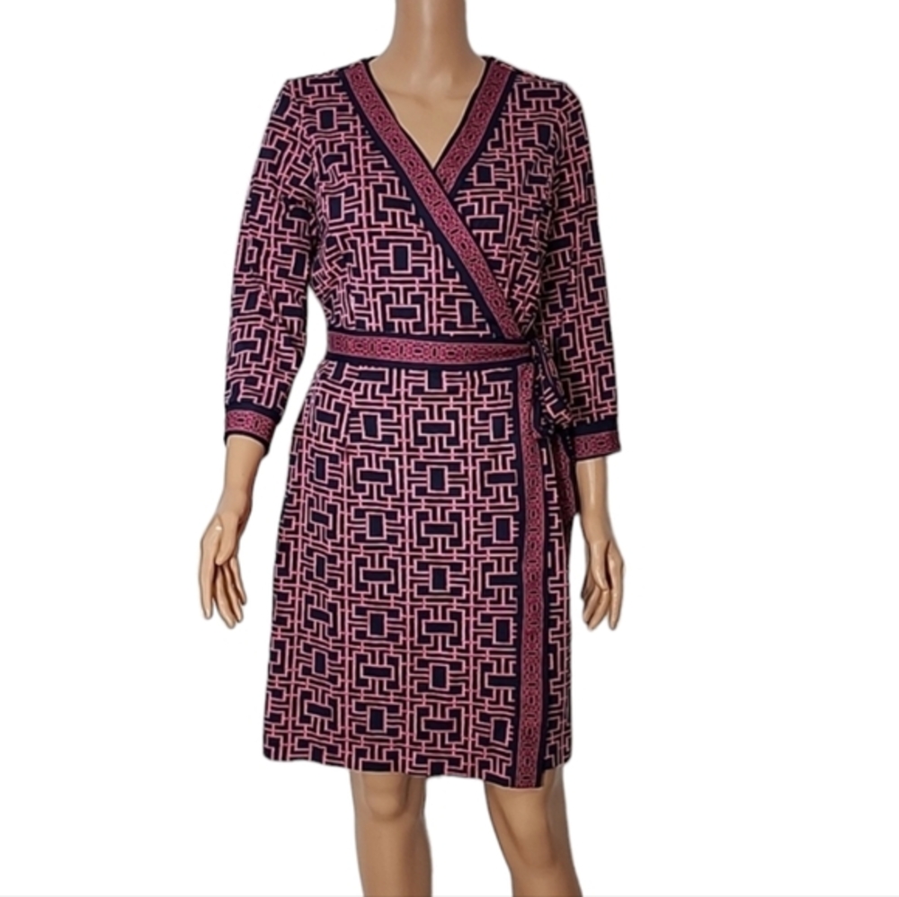 Elizabeth‎ McKay Geometric Wrap Dress Pink Blue 3/4 Sleeve Size M Medium